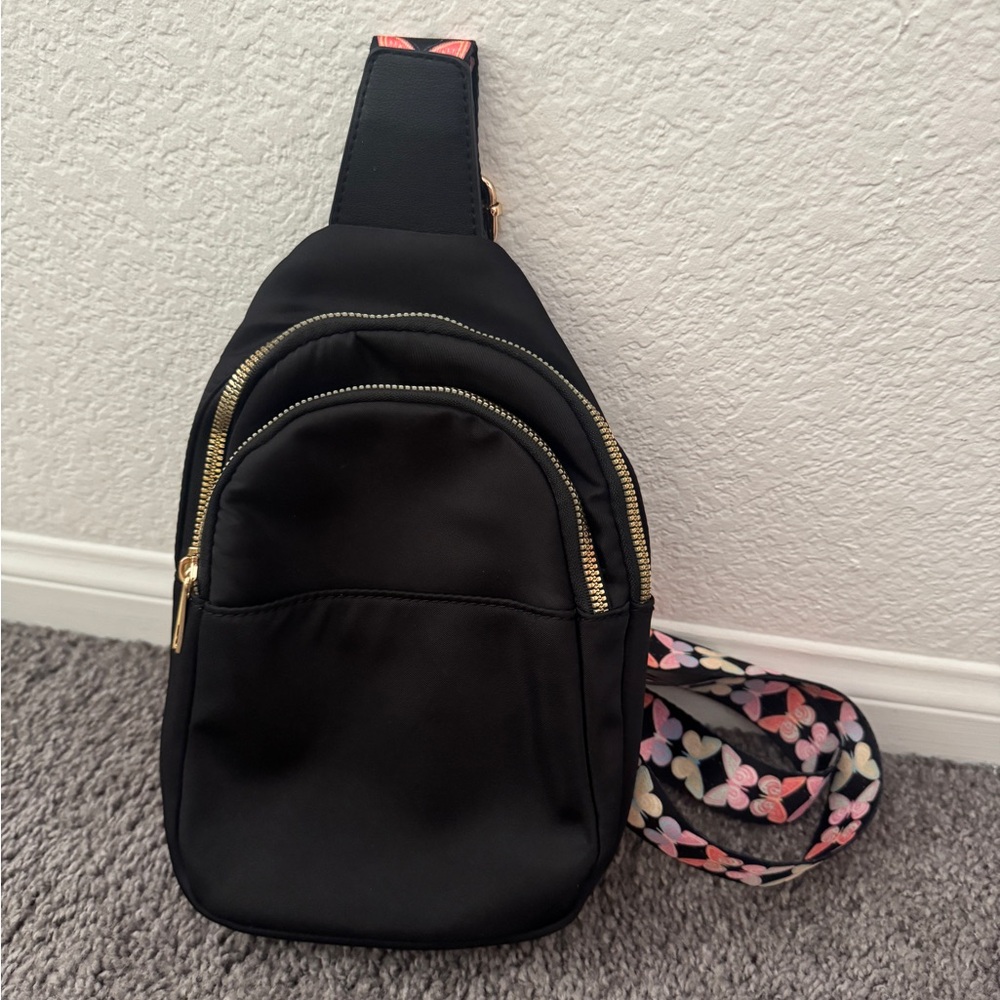 Black Sling Bag with Floral Strap